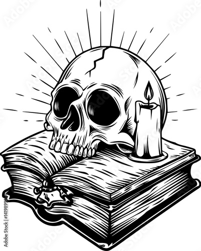 Dark Gothic skull and bone design in detailed SVG vector style. Skull with Candle on Open Book in Vintage Black and White Style Illustration