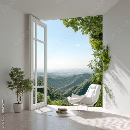 Serene Interior View with Open Window and Lush Green Landscape