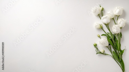 White Lisianthus Flowers Green Stems Minimalist Style High-resolution Bright Lighting Horizontal Flat Lay Delicate Blooms Arranged White Background Pure Elegant Mood Wedding Stationery Design