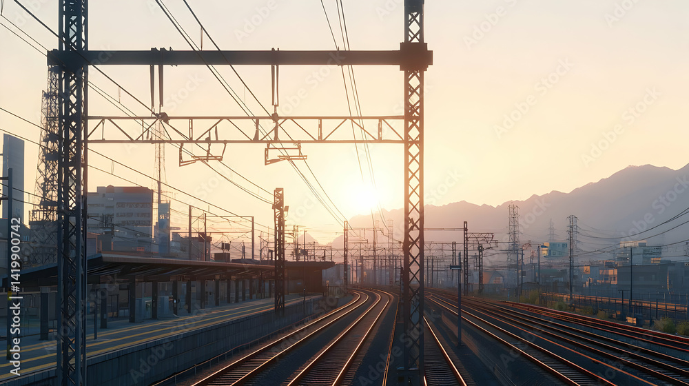 Sunrise View Of Train Tracks In Urban Cityscape Sunrise View Of Train Tracks In Urban Cityscape