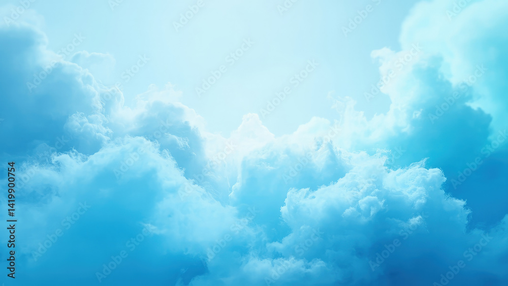 Fototapeta premium Sky full of clouds that exude calmness and tranquility. The image features a gradient of blues, the clouds adding depth and a sense of serenity.