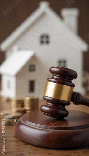 Gavel rests decisively near small house models warm light evokes secure property ownership. AI Generated