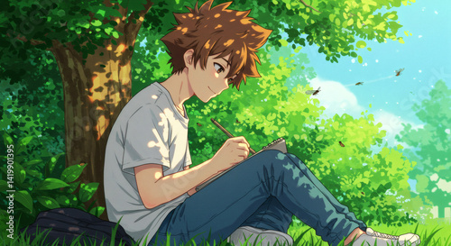 A young man sketches in his notebook while relaxing under a tree in a park on a sunny day.