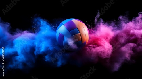 Vibrant volleyball surrounded by colorful powder clouds.