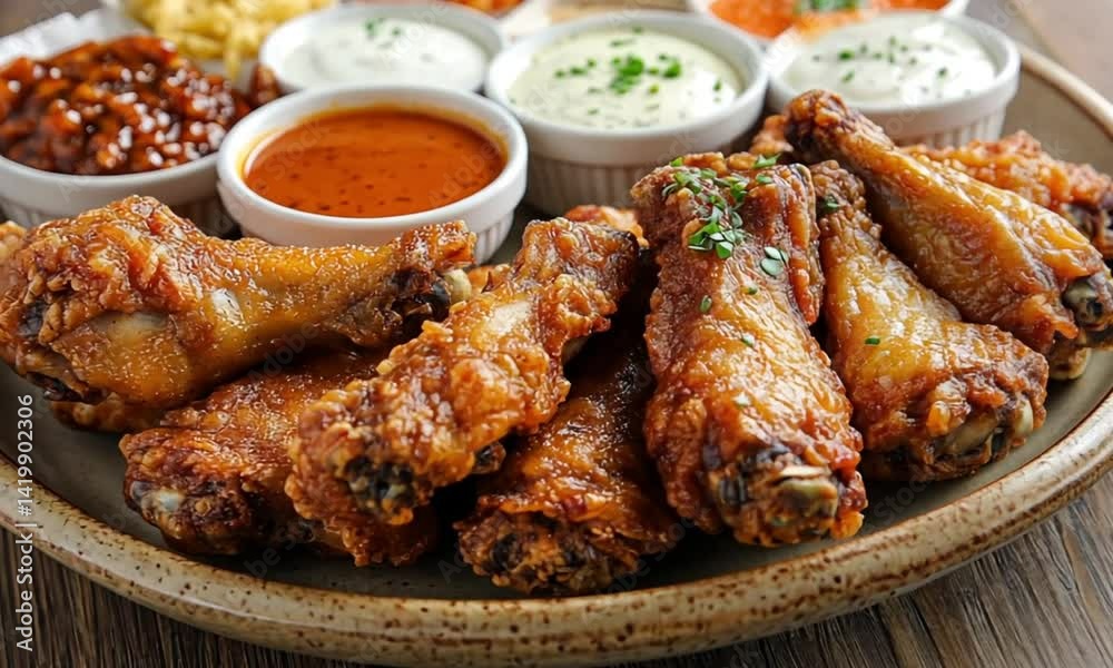 Delicious Crispy Chicken Wings with Variety of Dips Delicious Crispy Chicken Wings with Variety of Dips