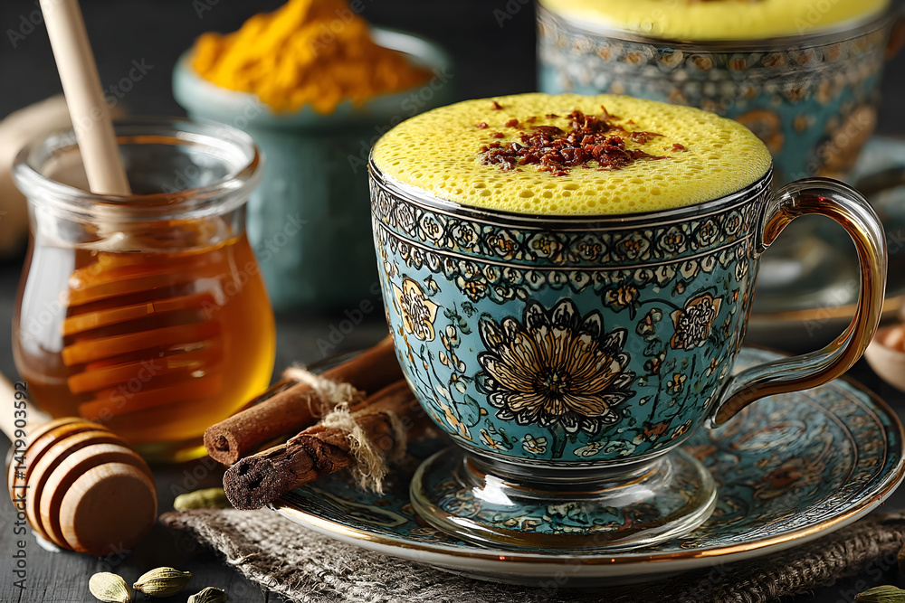 A golden turmeric milk drink served with honey and a cinnamon stick