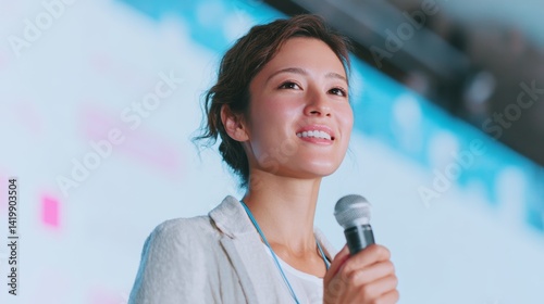 A Japanese businesswoman delivers a professional presentation while speaking into a microphone in front of a large corporate screen