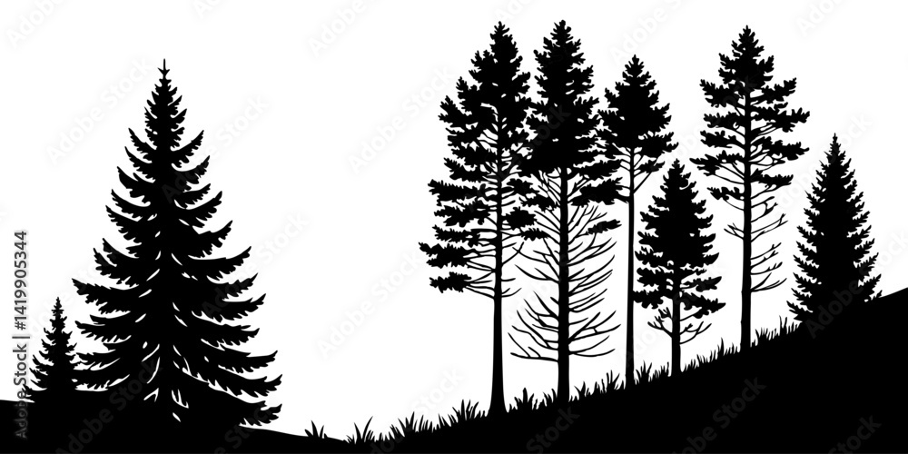 Obraz premium Fir trees silhouette line art illustration