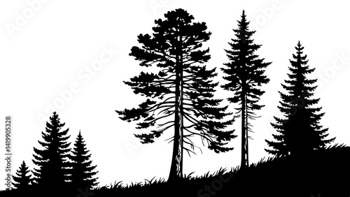Fir trees silhouette line art illustration