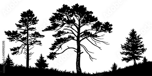 Fir trees silhouette line art illustration