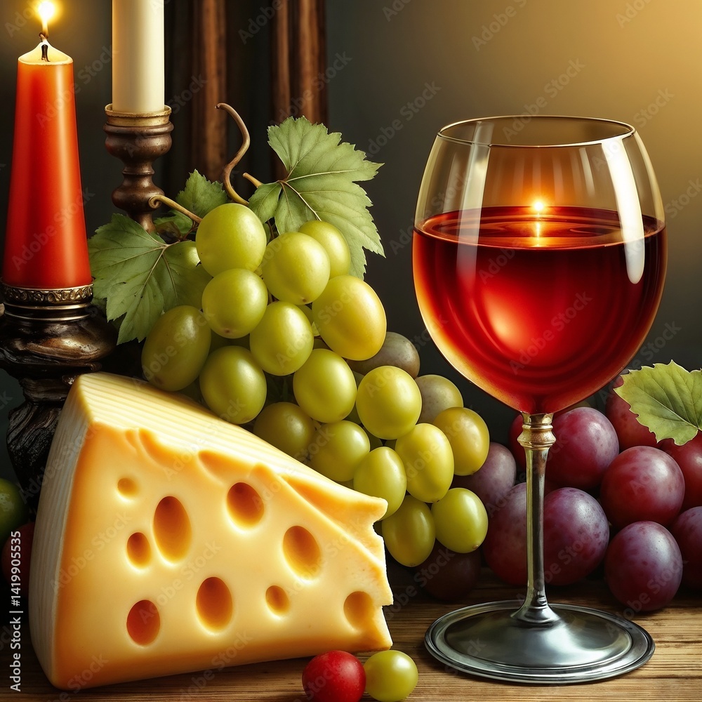 Cheese, grapes, and wine create a cozy celebration atmosphere