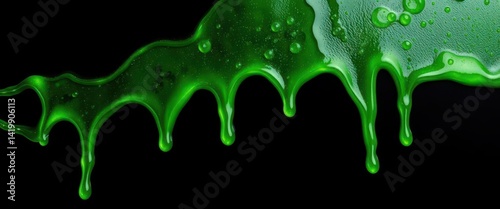 Glistening, vibrant green slime oozing across a stark black background, abstract, still life