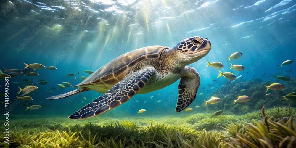 Fototapeta premium Majestic Sea Turtle Gracefully Navigating Vibrant Coral Reef Ecosystem