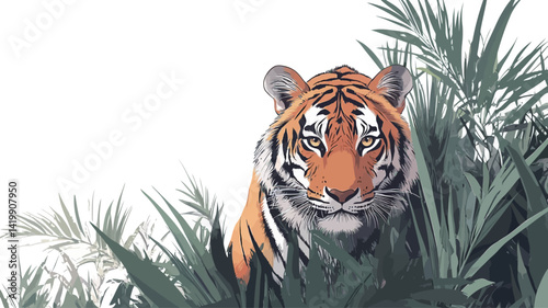 A stylized illustration shows a Bengal tiger partially hidden in a field of brightly colored tropical foliage. The tiger is rendered in vector style in orange and black.