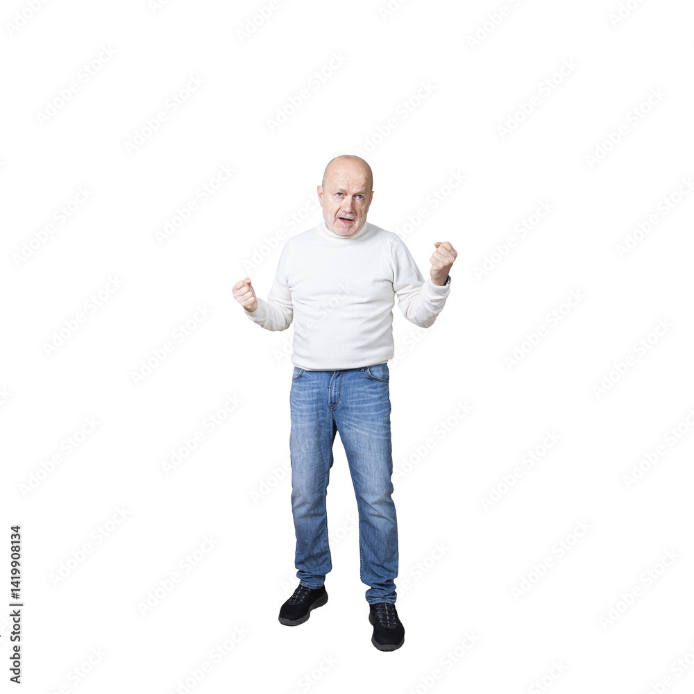 a man makes a gesture of strength with closed fists