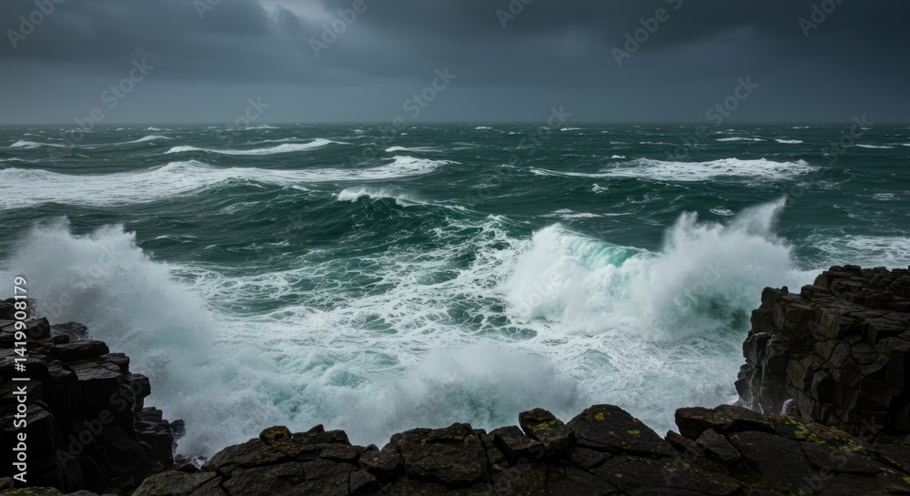 Obraz premium Stormy Sea Crashing Against Rocks - Photo