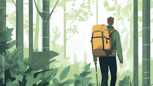 This stylized illustration depicts a man hiking through a lush forest. The color palette is dominated by green, with different tones that create depth and texture.