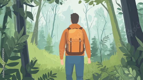 The stylized painting depicts a man from behind. He stands on a verdant path that slopes gently down into the misty forest.