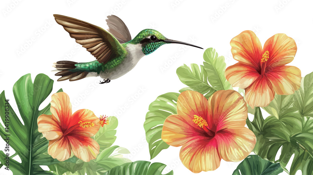 Obraz premium A digitally rendered illustration shows a hummingbird in flight, perched near a cluster of bright hibiscus flowers. The hummingbird is rendered in exquisite detail, exuding a richness.