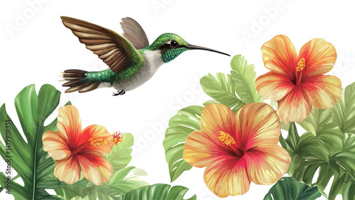 A digitally rendered illustration shows a hummingbird in flight, perched near a cluster of bright hibiscus flowers. The hummingbird is rendered in exquisite detail, exuding a richness.