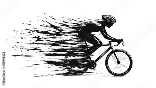 This image shows a stylized monochrome silhouette of a cyclist in motion against a white background. The figure is rendered in pure black with rich detail, showing the cyclist's form and.