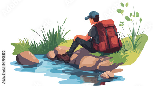 This digital illustration is a stylized depiction of a male backpacker sitting on a rock next to a tranquil stream. The illustration is done in a vibrant flat design style.