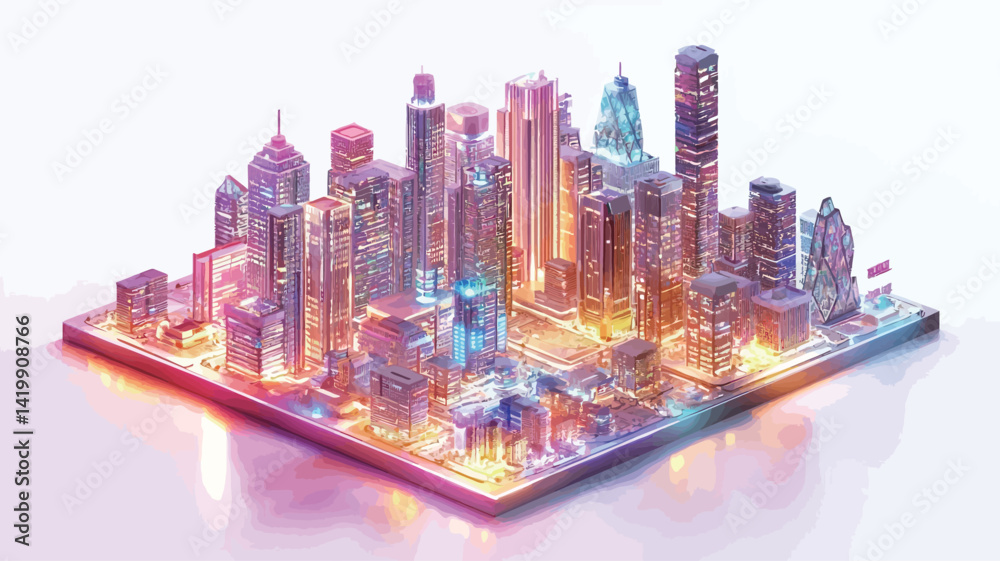 Isometric projection of a stylized cityscape rendered on a microchip. The image uses contrasting tones of bright pink, purple, orange, and blue to create a sense of depth and dynamism. Isometric projection of a stylized cityscape rendered on a microchip. The image uses contrasting tones of bright pink, purple, orange, and blue to create a sense of depth and dynamism.