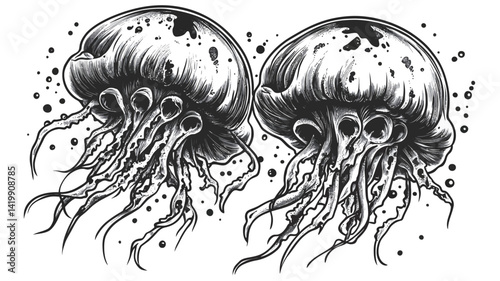 This image features a detailed painting of two jellyfish in monochrome. The style is reminiscent of an ink painting or etching, characterized by high contrast and rich grayscale.