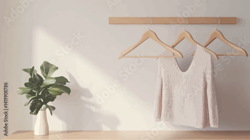 This image shows a minimalist interior design aesthetic. Three wooden hangers hold a light beige dress on a pure white wall. A small fiddle leaf fig grows on a white one.