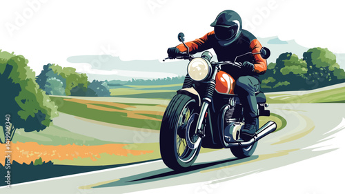 This digitally rendered illustration shows a motorcyclist riding a classic-style motorcycle along a winding road. The colors are saturated and bright, with lush green hills and trees.