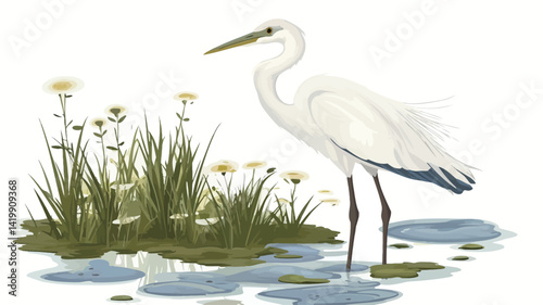 This digital rendering of a great egret is captured in exquisite detail. The bird's pristine white feathers are brought out with subtle tonal variations that reveal texture and light.
