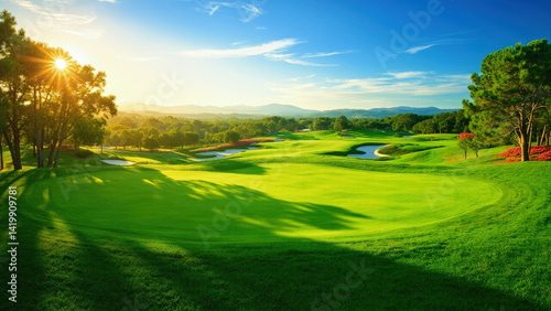 A scenic view of a pristine golf course bathed in sunlight