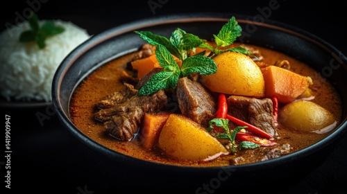 Delicious bowl of massaman curry featuring tender beef and colorful vegetables against a dark black background photo