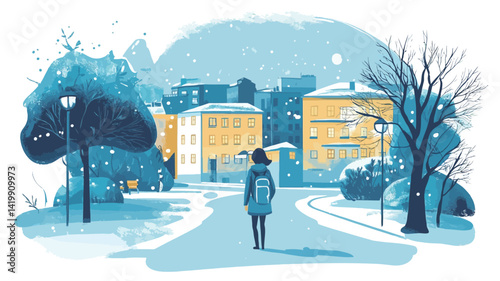 A digital painting or illustration of a stylized winter scene. The color scheme is cool, with blues, whites, and soft yellows as the dominant colors. The style is similar to painting, using visible