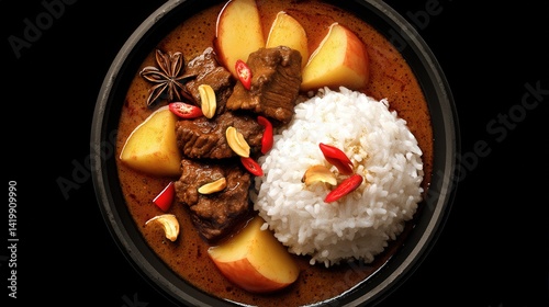 Rich massaman curry with beef and steamed rice in a bowl served on a beautiful black background for culinary display photo