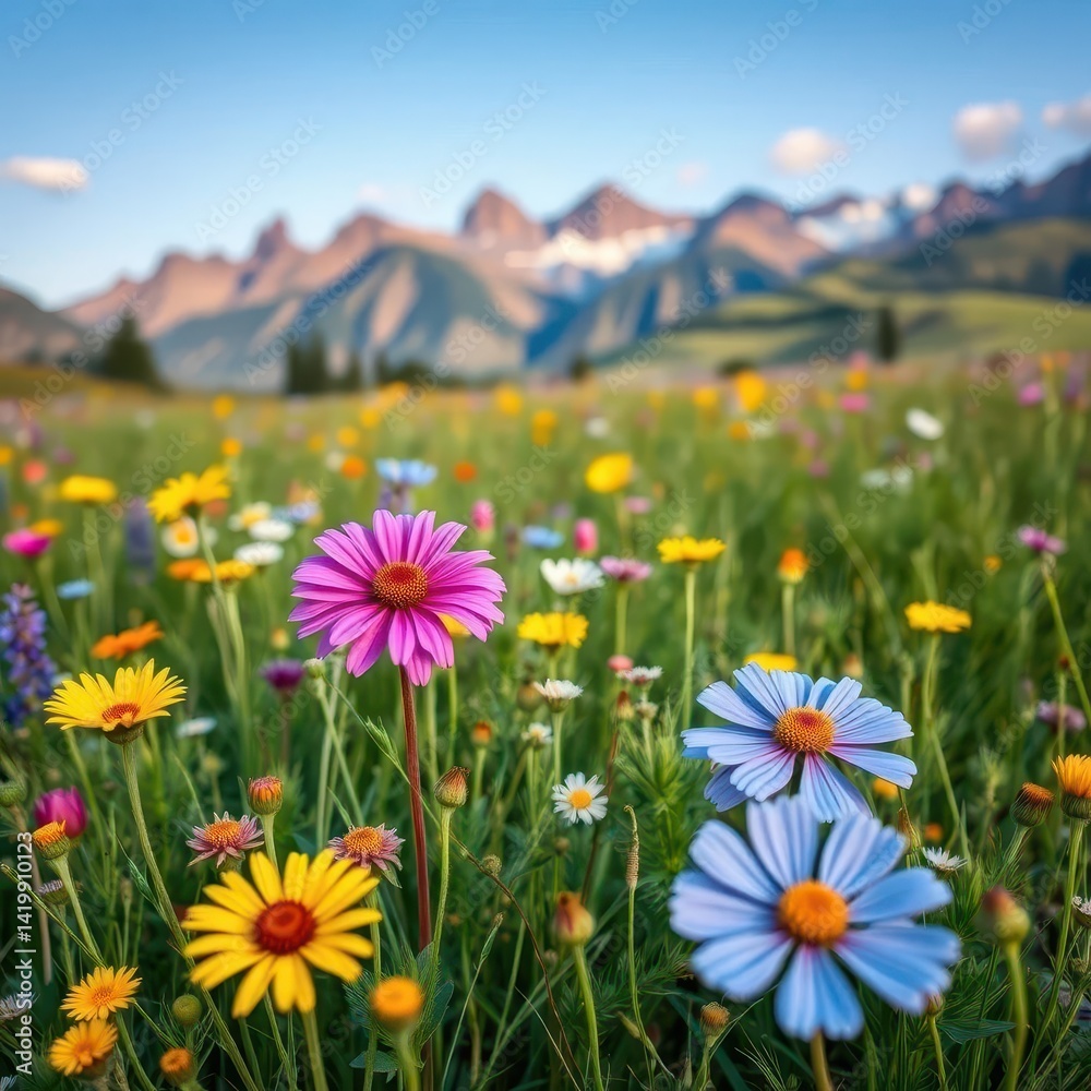 Obraz premium Vibrant wildflowers in a meadow, majestic mountains in the distance, vegetation, bloom, outdoor