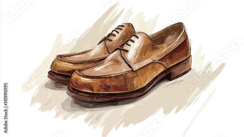 A digital illustration shows a pair of men's brown leather Oxford shoes. The shoes are shown from a slightly elevated perspective, highlighting the texture of the polished leather and the subtle