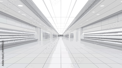 This image shows a digital rendering of a long straight corridor, characterized by a pure white hue. Horizontal lines are cleverly embedded in the walls to create a