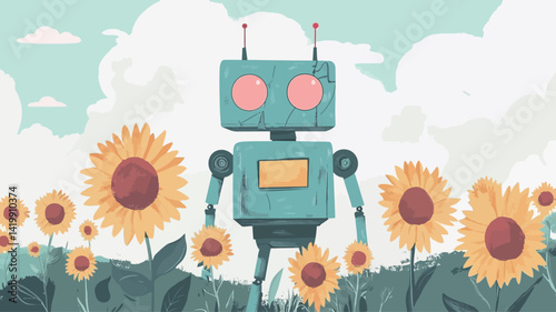 A digital illustration of a stylized retro robot rendered in soft teal tones, giving it a slightly worn or aged aesthetic. The robot has a simple design, characterized by a boxy shape.