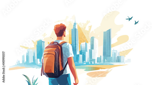 This digital illustration shows a young man with a backpack, standing with his back to the viewer, gazing at a vibrant cityscape bathed in warm sunrise tones. The style is reminiscent of