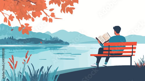 A stylized vector illustration of a person sitting on an orange park bench overlooking a calm lake. The person is rendered in a minimalist style, concentrating on reading a book. Background