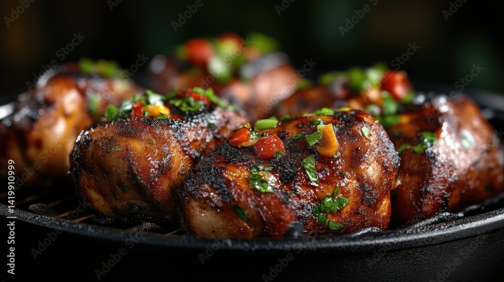 Grilled chicken drumsticks with a flavorful glaze. Close-up view of perfectly cooked chicken pieces resting on a grill. Spicy, herbs, and vegetables add to the taste Grilled chicken drumsticks with a flavorful glaze. Close-up view of perfectly cooked chicken pieces resting on a grill. Spicy, herbs, and vegetables add to the taste