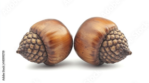 Close-up of Two Perfect Acorns Against a White Background