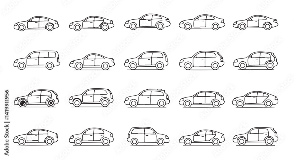   Car icon set in linear style. Transport symbol. Vector illustration. 

