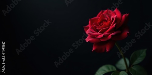 Single crimson rose, dramatic shadows, deep black backdrop, floral, passion, bloom