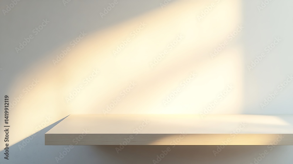 Minimalist Wooden Shelf on Wall with Sunlight Effect and Clean Presentation Minimalist Wooden Shelf on Wall with Sunlight Effect and Clean Presentation