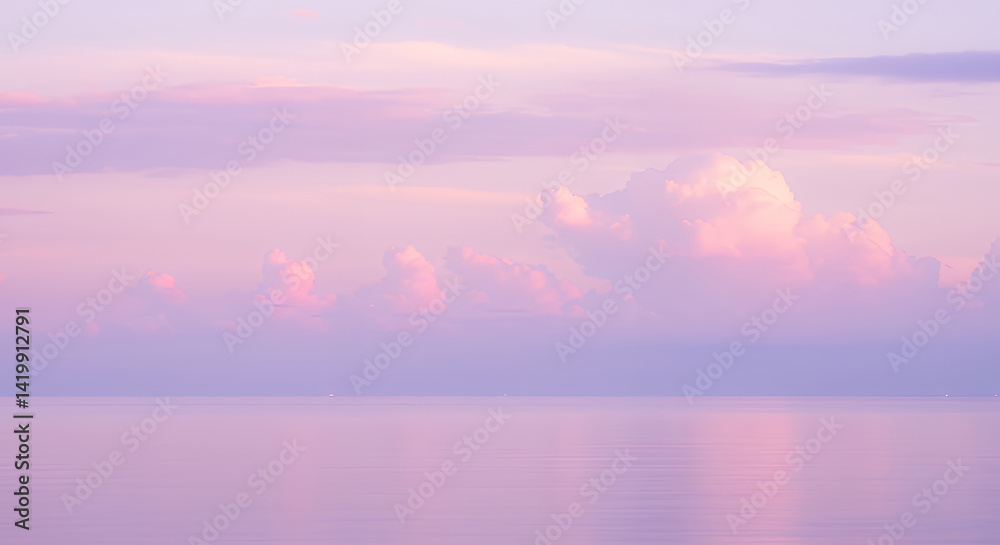 Serene Pink Sunset over Calm Ocean with Soft Cloudscape Serene Pink Sunset over Calm Ocean with Soft Cloudscape