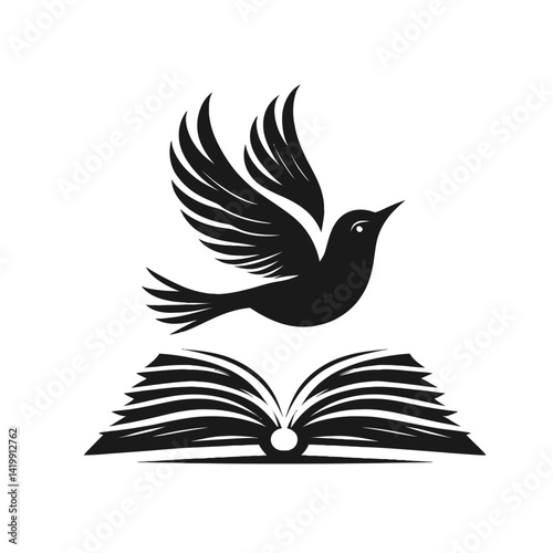 Bird flying through an open book silhouette black color logo on white background