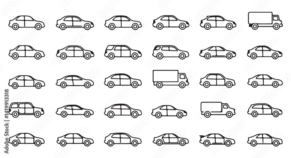 Car icon set in linear style. Transport symbol. Vector illustration.
Car icon set in linear style. Transport symbol. Vector illustration.