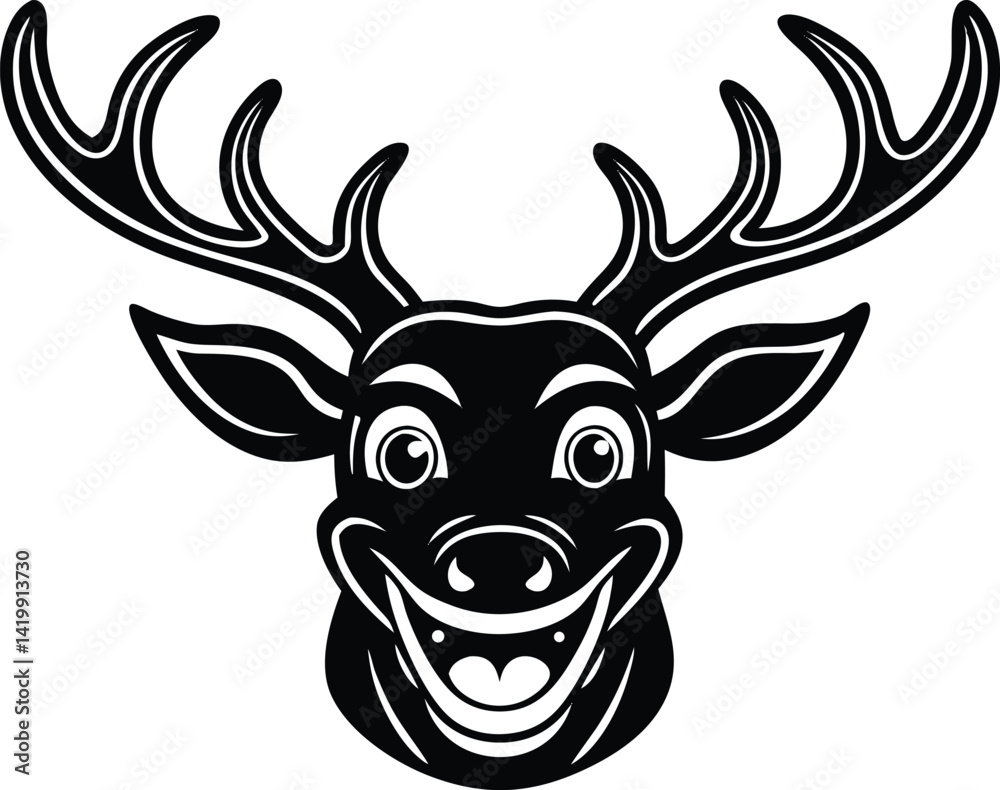 Naklejka premium jumping silhouette icon, happy deer head silhouette vector symbol, deer head silhouette, head of a deer, smiling deer cartoon character head icon on white background.